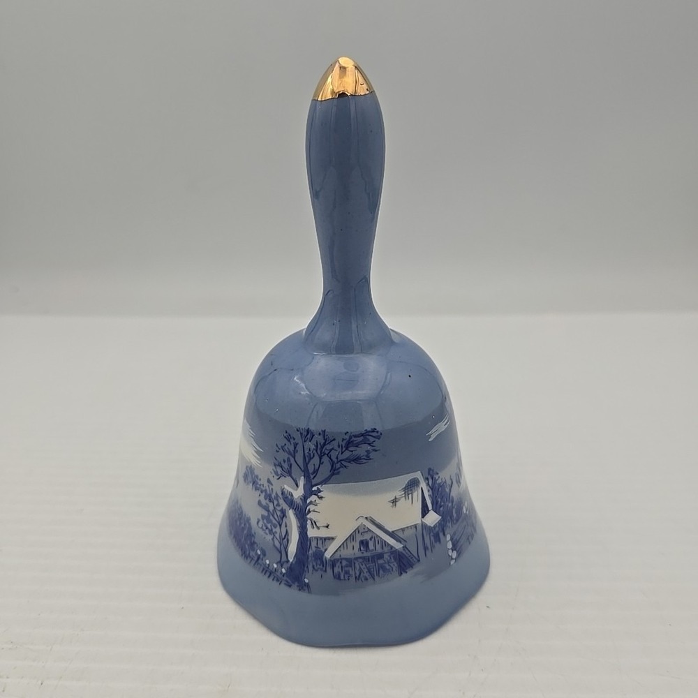 Vintage Currier and Ives 'The Farmers Home - Winter' Blue Ceramic Bell 6”